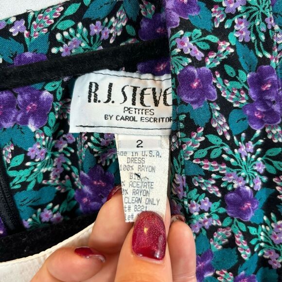 Ladies Vinyage 80’s R.J. Stevens Petites Floral Long Sleeve Pleat Skirt Dress‎ 2 - Picture 12 of 14